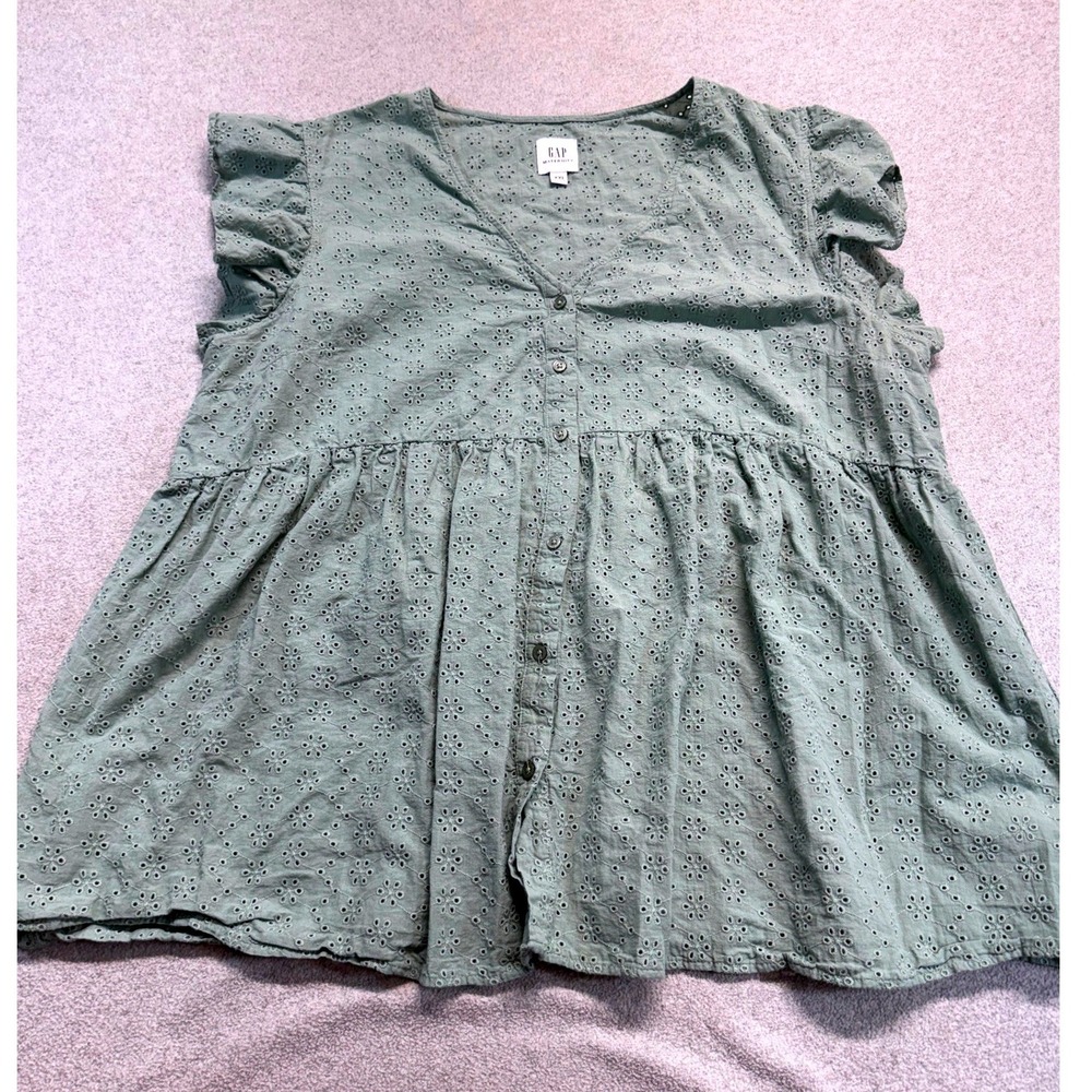 GAP Maternity XXL Green Eyelet Babydoll Blouse Cotton Peplum Short Sleeve Flowy